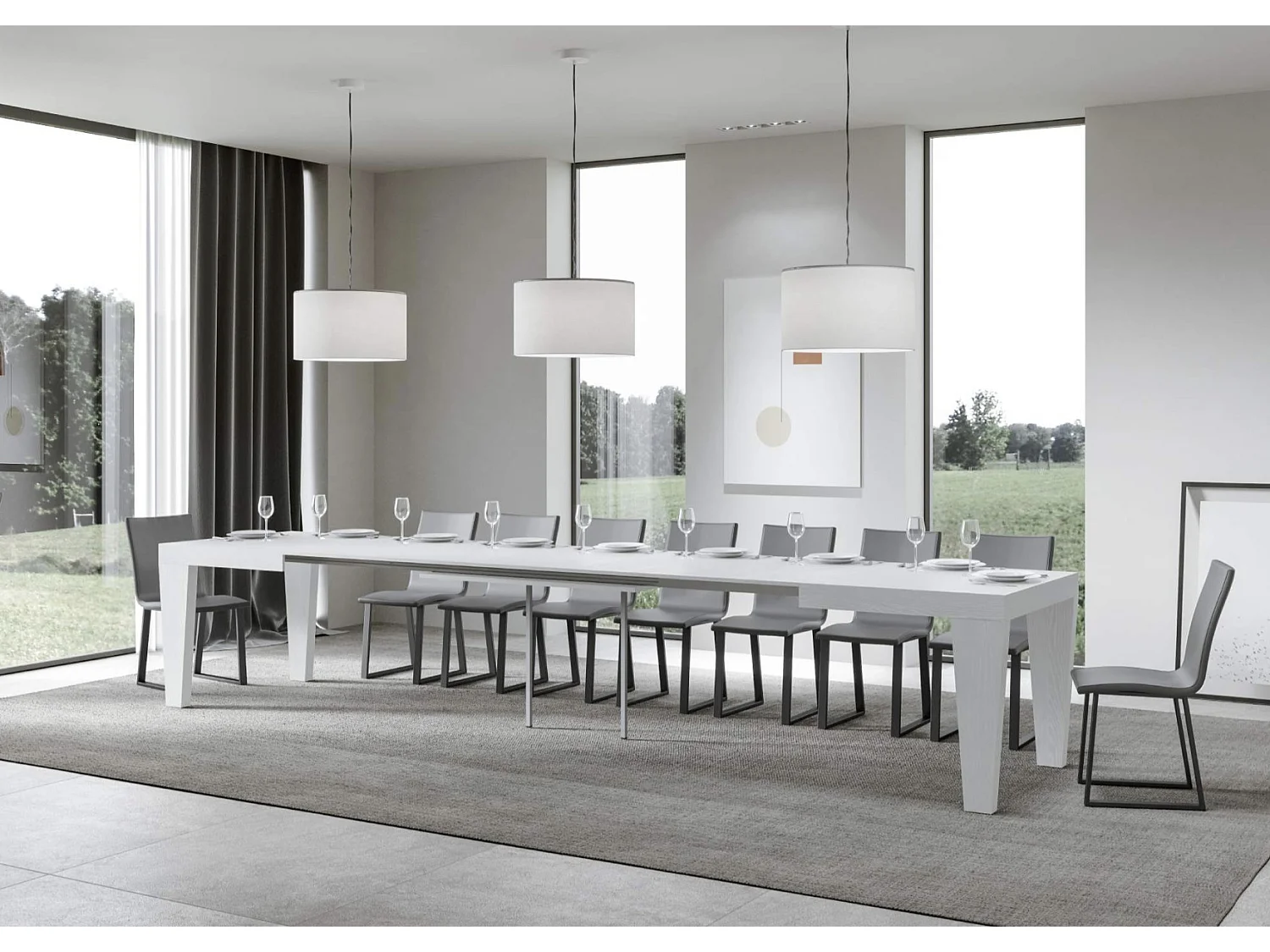 Mesa de comedor extensible de madera Kristo patas en V-Color Blanco-Base y soporte con ruedas-5 alargaderas finas-Ancho extensible