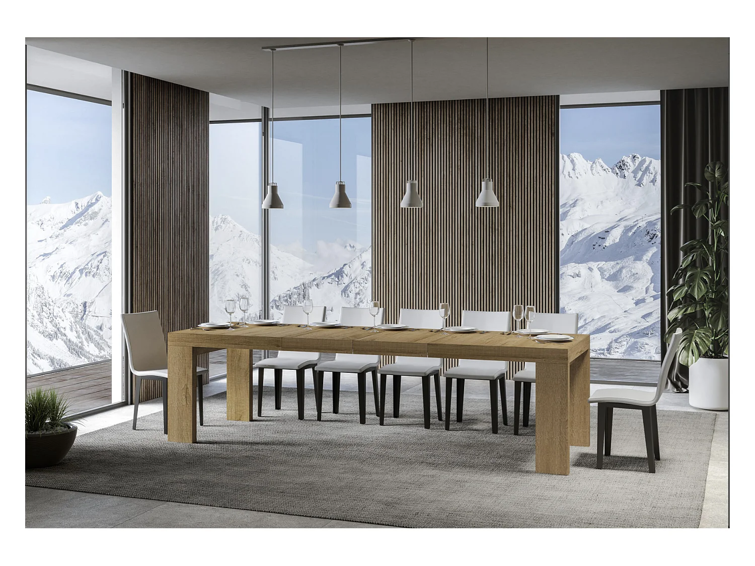 Table à manger extensible bois Ribo-Couleur Naturel-4 pieds-2 rallonges épaisses-160 à 264cm