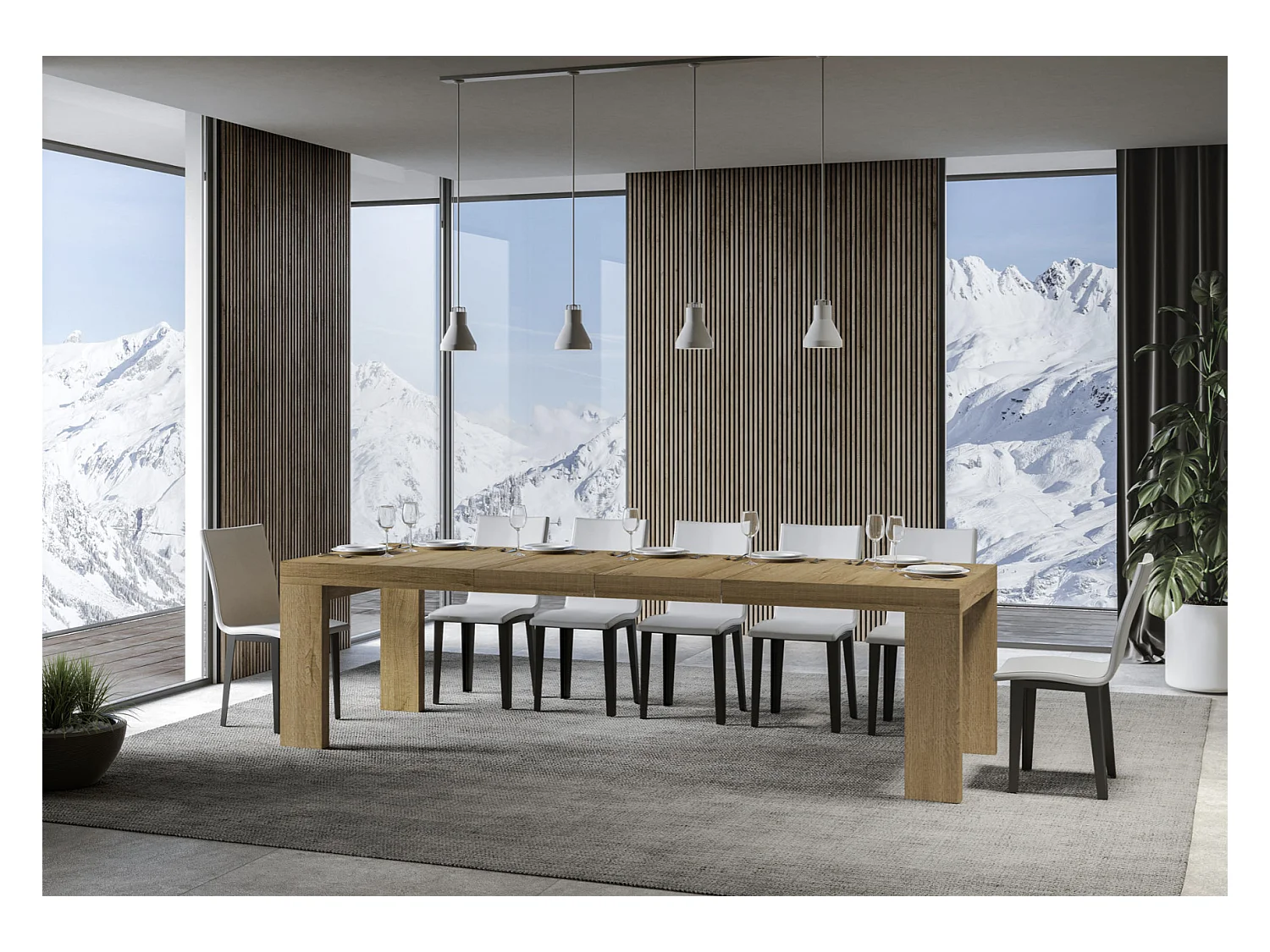Table à manger extensible bois Ribo-Couleur Naturel-4 pieds-2 rallonges épaisses-160 à 264cm