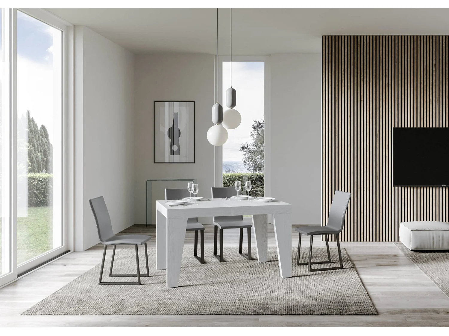 Table à manger extensible bois Naxo-Couleur Blanc-4 pieds-2 rallonges épaisses-130 à 234cm