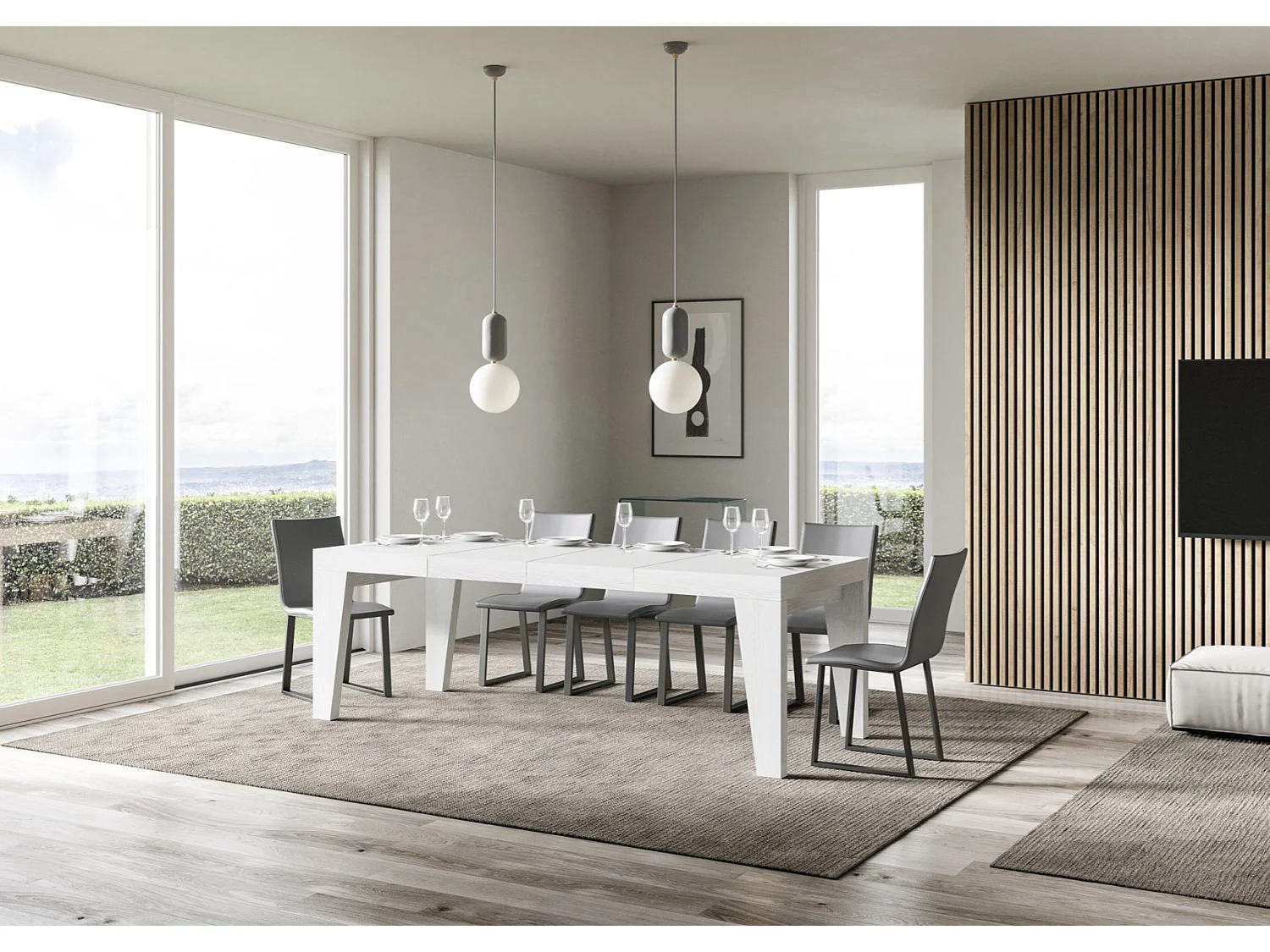 Table à manger extensible bois Naxo-Couleur Blanc-4 pieds-2 rallonges épaisses-130 à 234cm