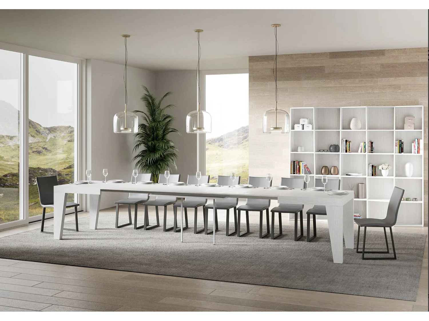 Table à manger extensible bois Naxo-Couleur Blanc-4 pieds-5 rallonges fines-130 à 390cm