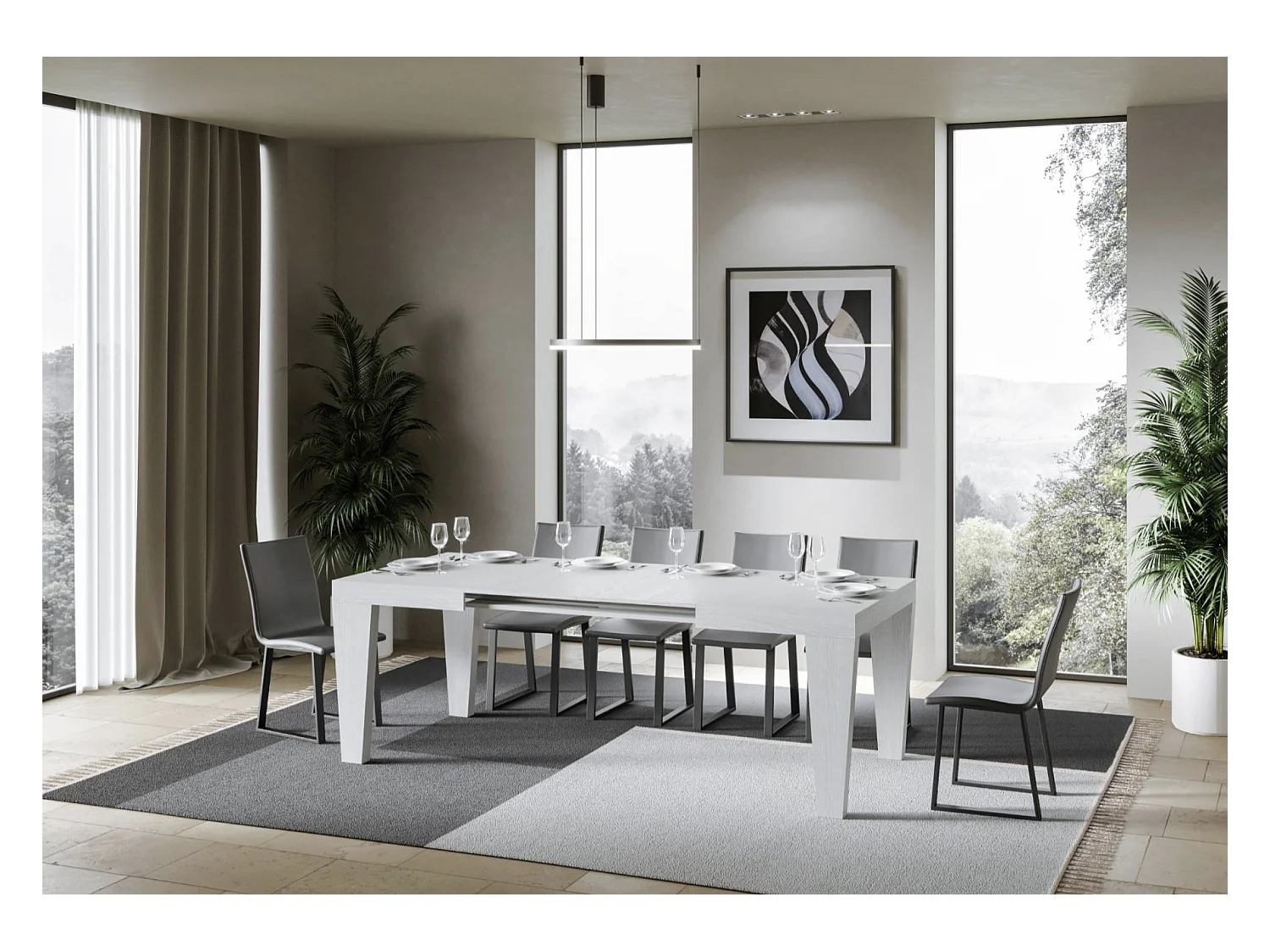 Kristo uitschuifbare houten V-poot eettafel-Kleur Wit-Steun 4 voet-Verlengsnoeren -Uitschuifbare breedte