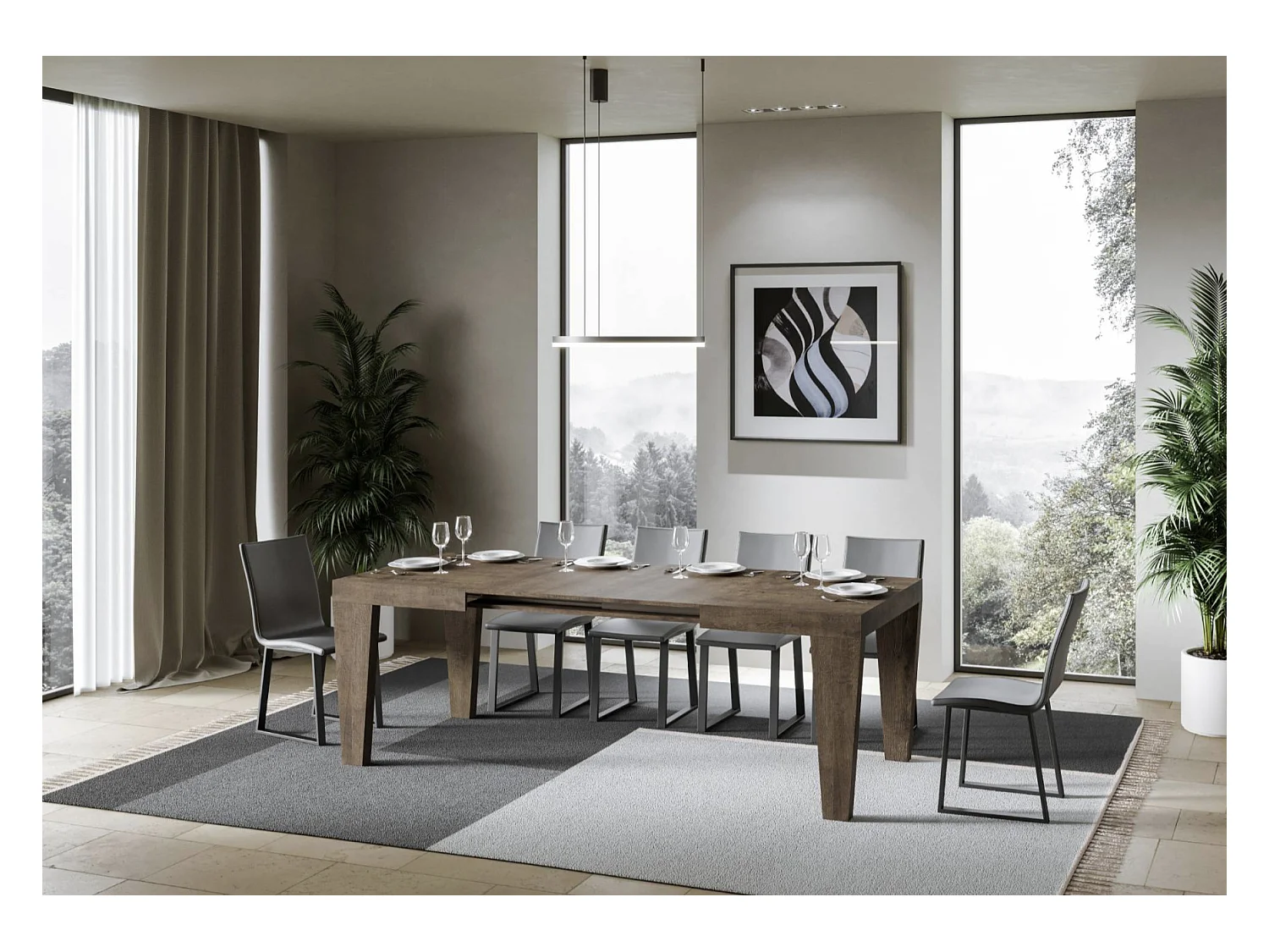 Table à manger extensible bois pieds en V Kristo-Couleur Marron-4 pieds-2 rallonges fines-130 à 234cm