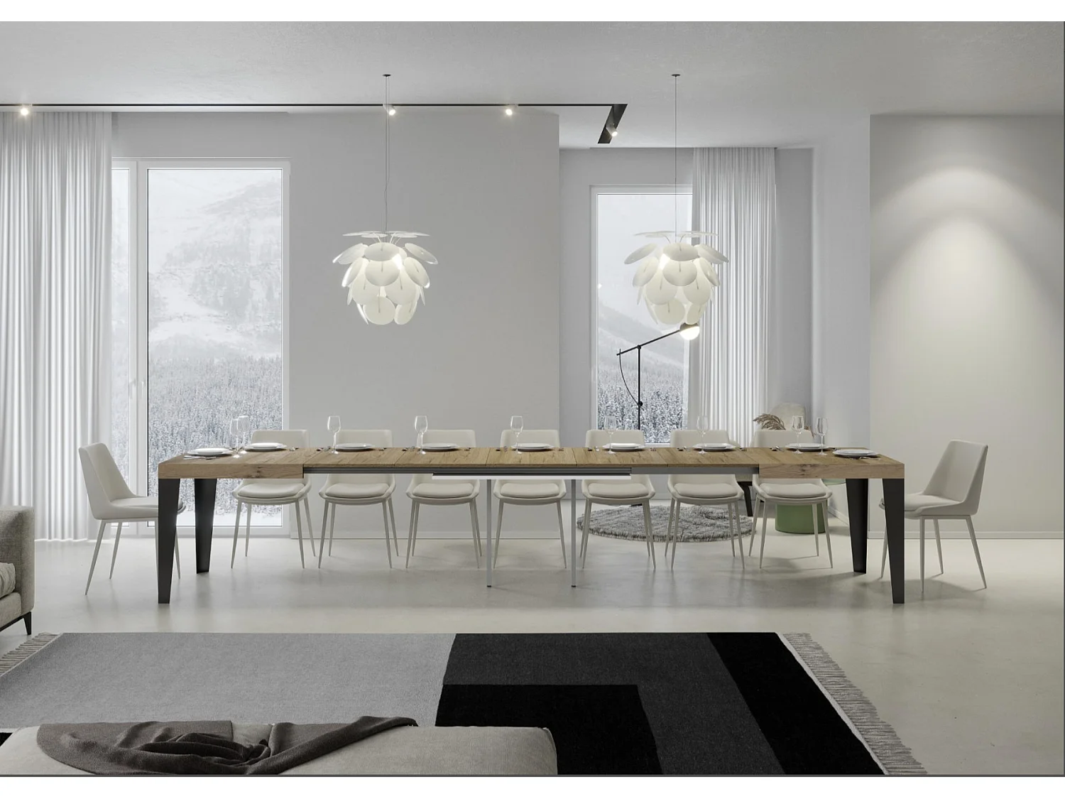 Table à manger extensible Flavio-Couleur Naturel-4 pieds-5 rallonges fines-130 à 390cm