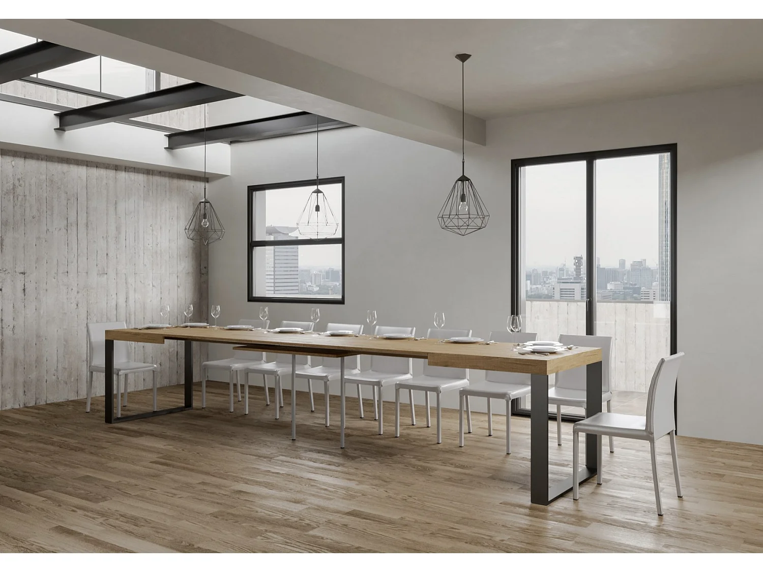 Table à manger extensible Tiroz-Couleur Naturel-4 pieds-5 rallonges fines-160 à 420cm