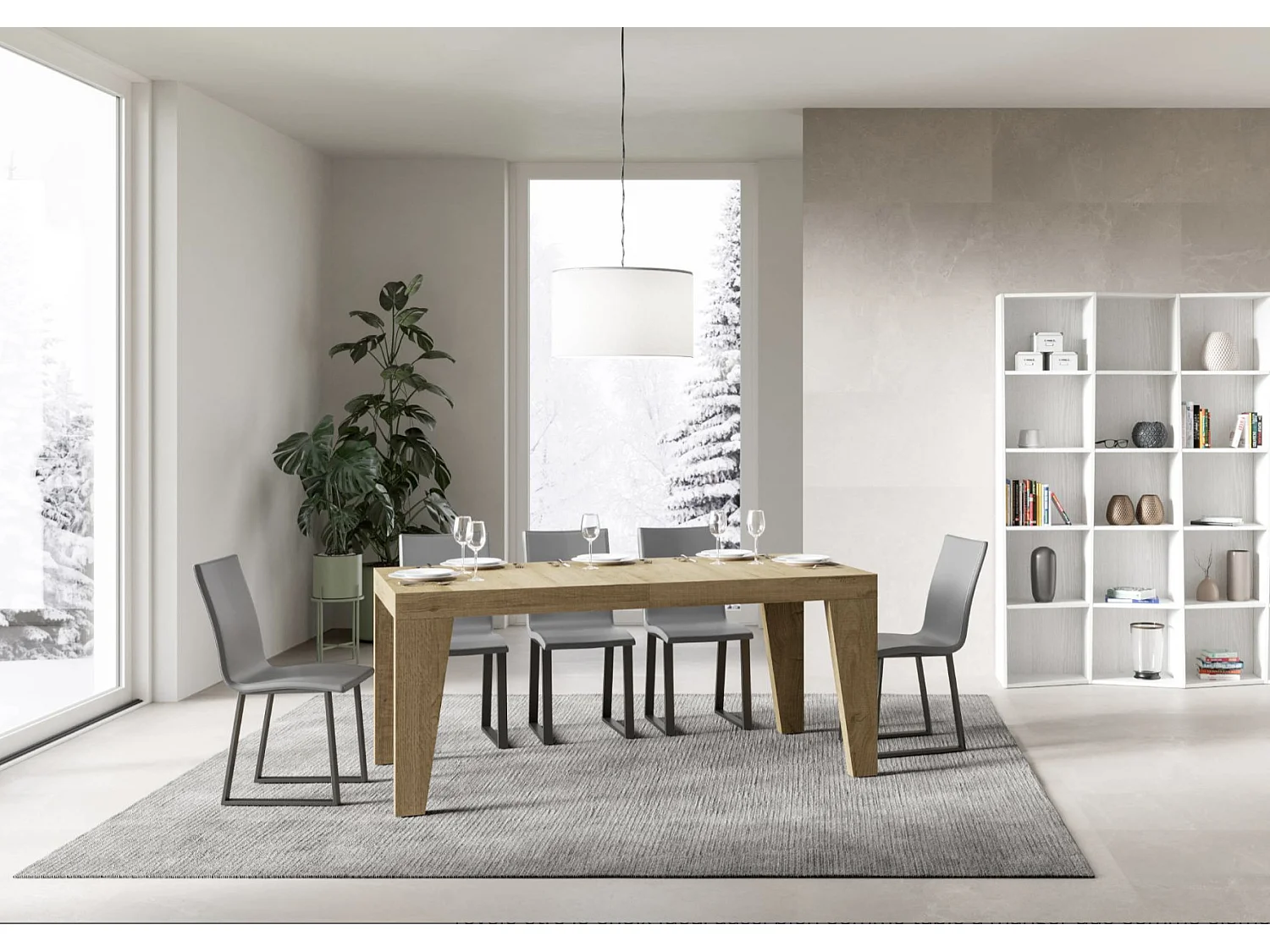 Table à manger extensible bois Naxo-Couleur Naturel-Sur roulettes-2 rallonges fines-180 à 284cm