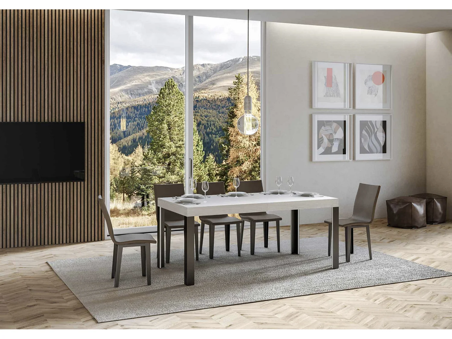 Table extensible bois pieds bois et acier anthracite Liva-Couleur Blanc-Sur roulettes-130 à 234cm