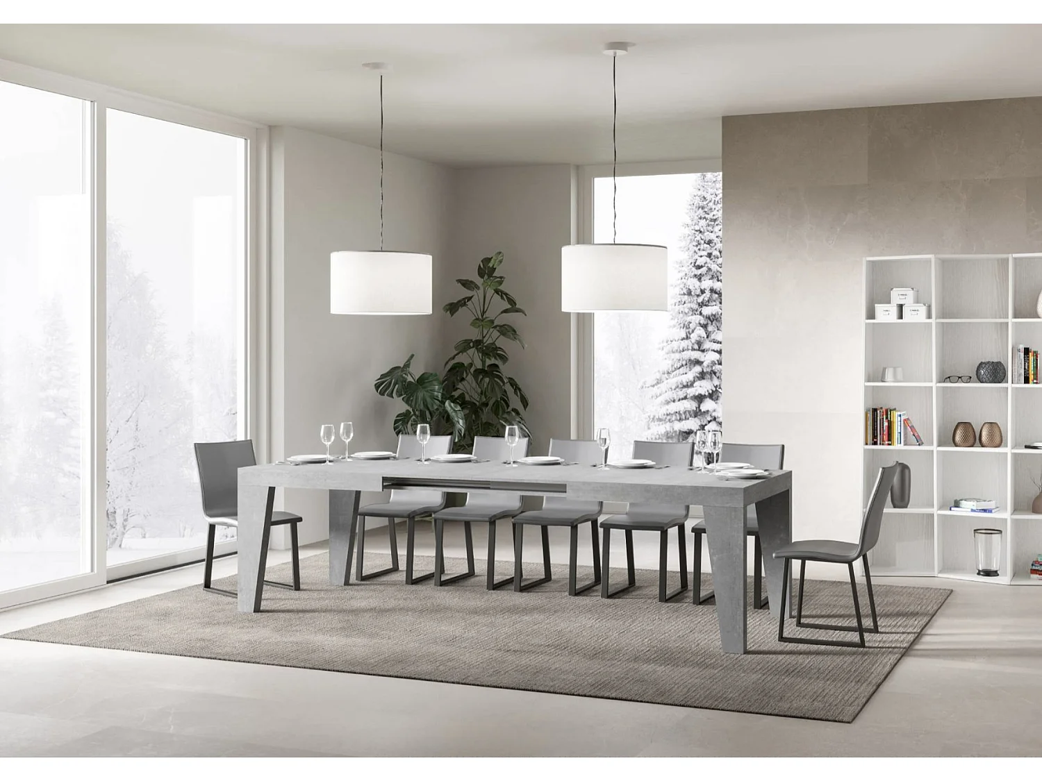 Mesa de comedor extensible de madera Naxo.-Color Gris cemento-Soporte 4 pies-Alargaderas -Ancho extensible