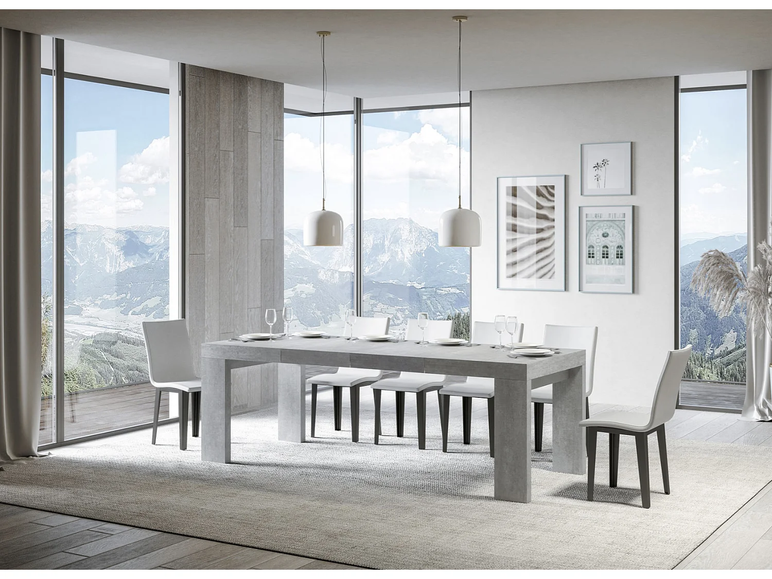 Table à manger extensible bois Ribo-Couleur Gris ciment-4 pieds-2 rallonges épaisses-130 à 234cm