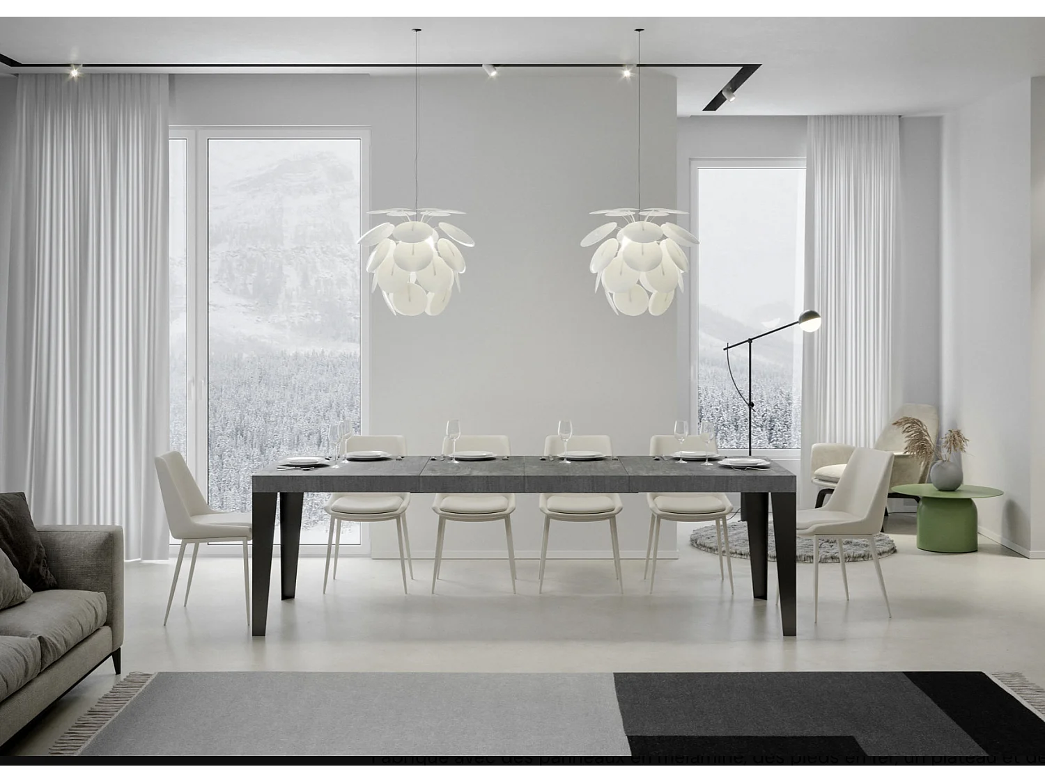 Mesa de comedor extensible Flavio-Color Gris cemento-Soporte 4 pies-Alargaderas -Ancho extensible