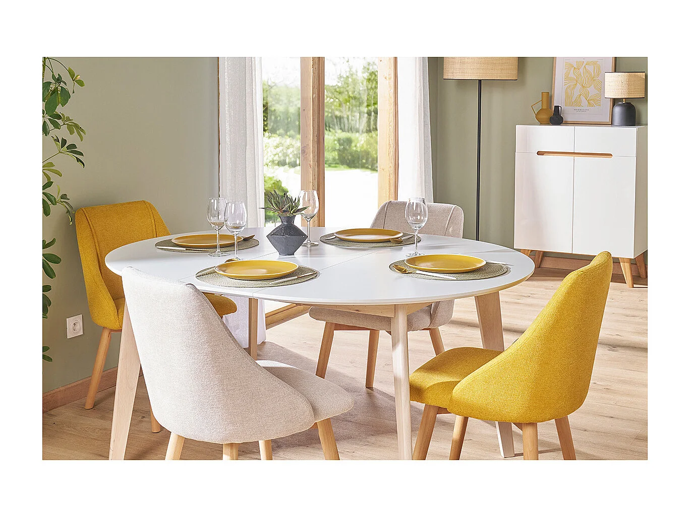 Design-Esstisch rund ausziehbar Weiß und Holz L120-150 LEENA