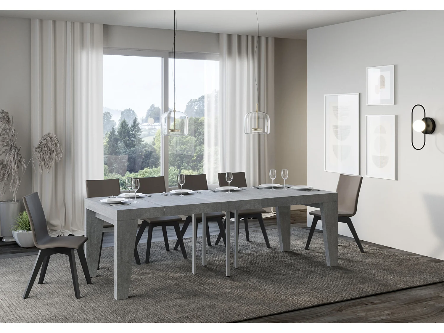 Mesa extensible cuadrada pequeña 90x90/246 cm Naxo-Color Gris cemento-Soporte 4 pies-3 alargaderas gruesas