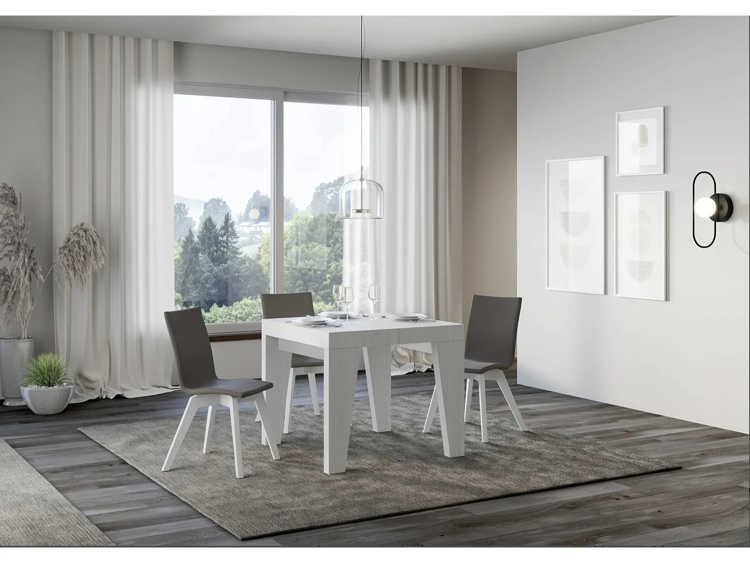 Mesa extensible cuadrada pequeña 90x90/246 cm Naxo-Color Gris cemento-Soporte 4 pies-3 alargaderas gruesas