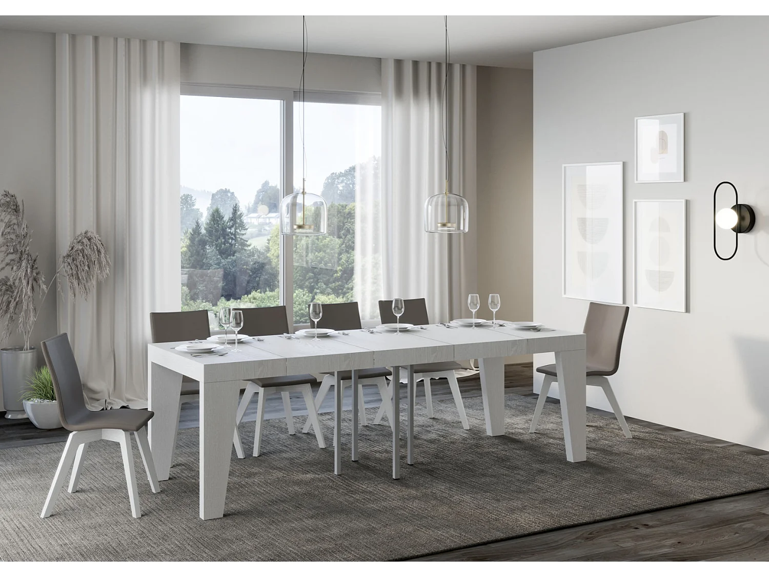 Mesa extensible cuadrada pequeña 90x90/246 cm Naxo-Color Gris cemento-Soporte 4 pies-3 alargaderas gruesas