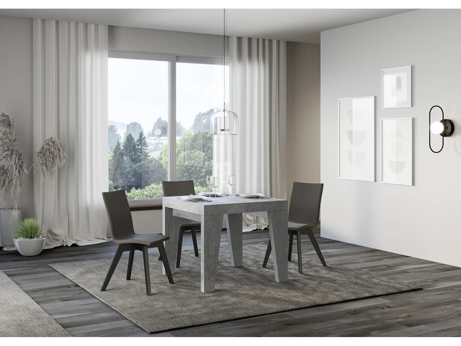 Kleine vierkante uitschuifbare tafel 90x90/246 cm Naxo-Kleur Cementgrijs-Steun 4 voet-Verlengsnoeren 3 dikke extensies