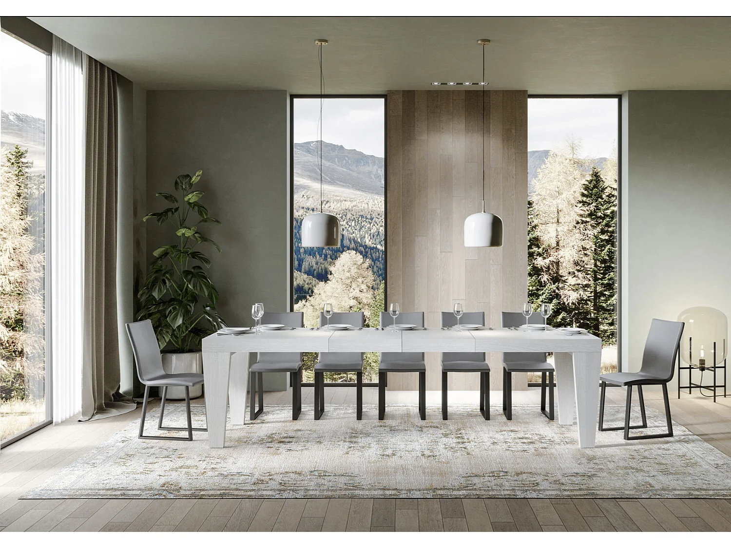 Table à manger extensible bois pieds en V Kristo-Couleur Blanc-4 pieds-2 rallonges épaisses-180 à 284cm