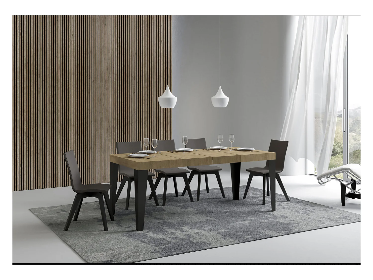 Table à manger extensible Flavio-Couleur Marron-4 pieds-2 rallonges fines-180 à 284cm