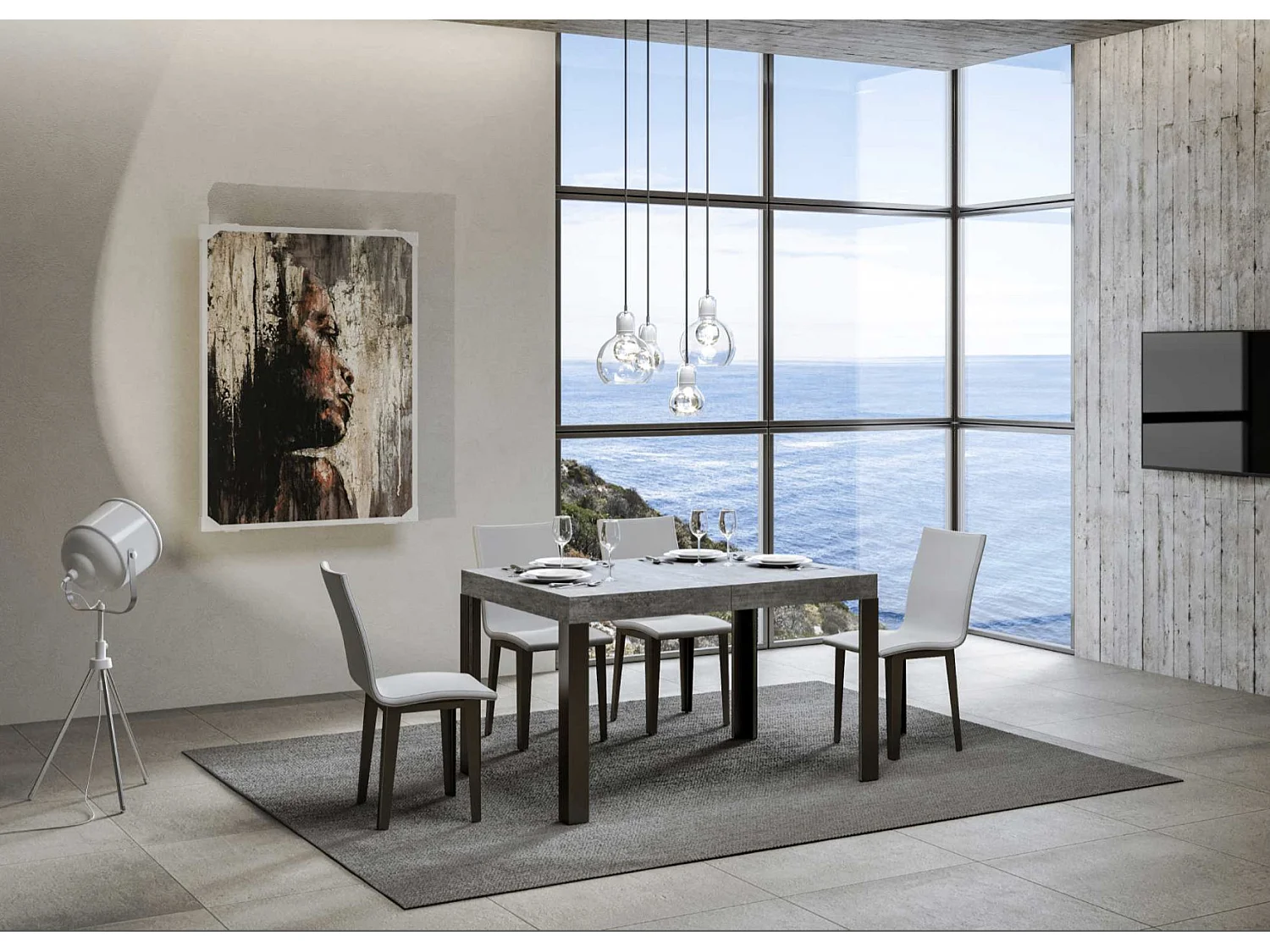 Mesa extensible de madera con 4 patas de madera y acero antracita Liva-Color Gris cemento-Base y soporte con ruedas-Ancho extensible