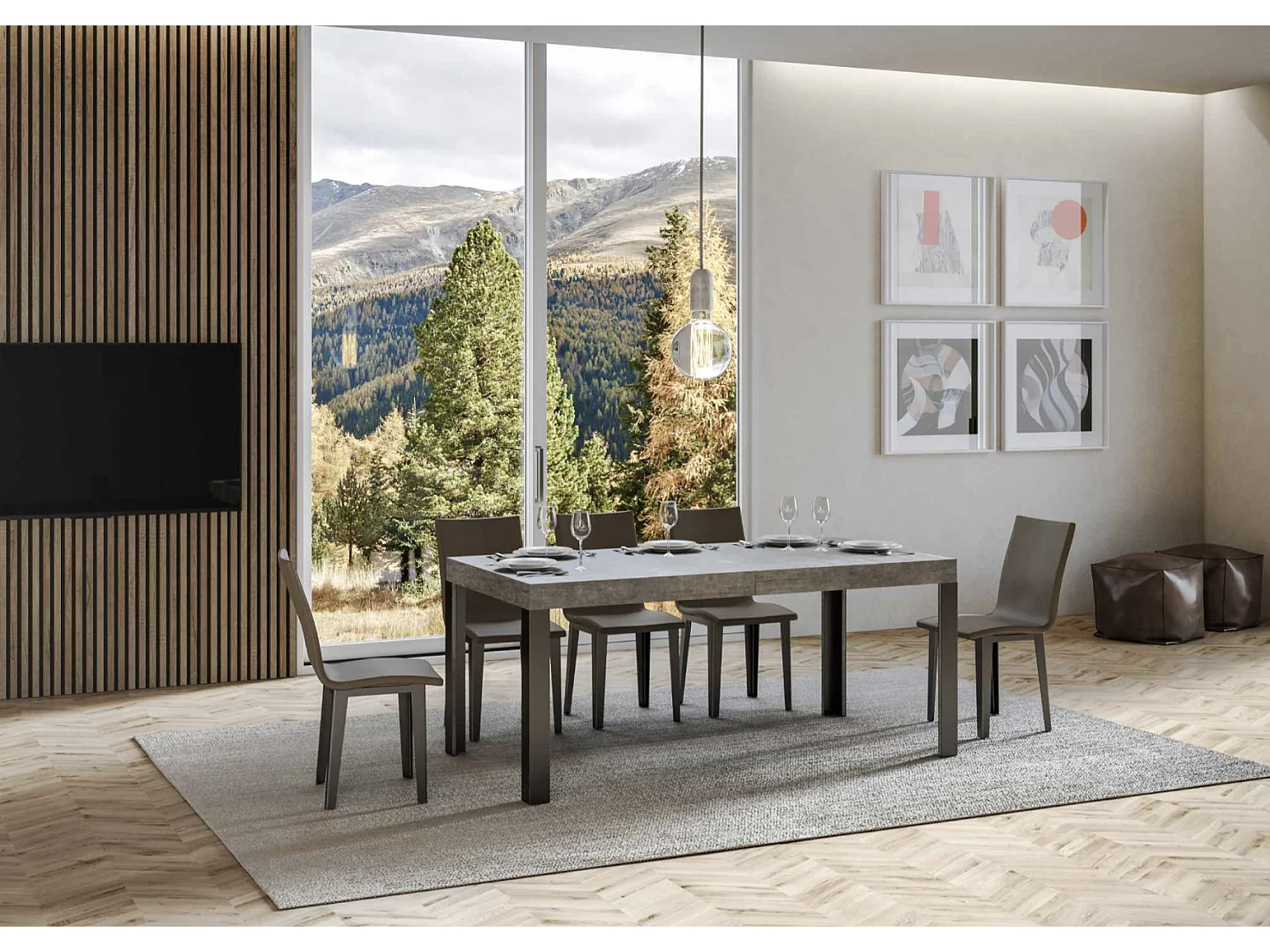 Mesa extensible de madera con 4 patas de madera y acero antracita Liva-Color Gris cemento-Base y soporte con ruedas-Ancho extensible