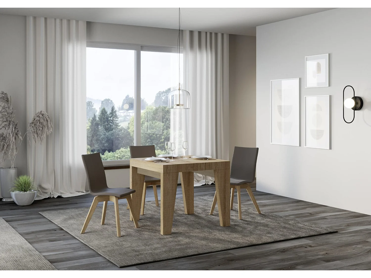 Kleine vierkante uitschuifbare tafel 90x90/246 cm Naxo-Kleur Natuurlijk-Steun 4 voet-Verlengsnoeren 3 dikke extensies