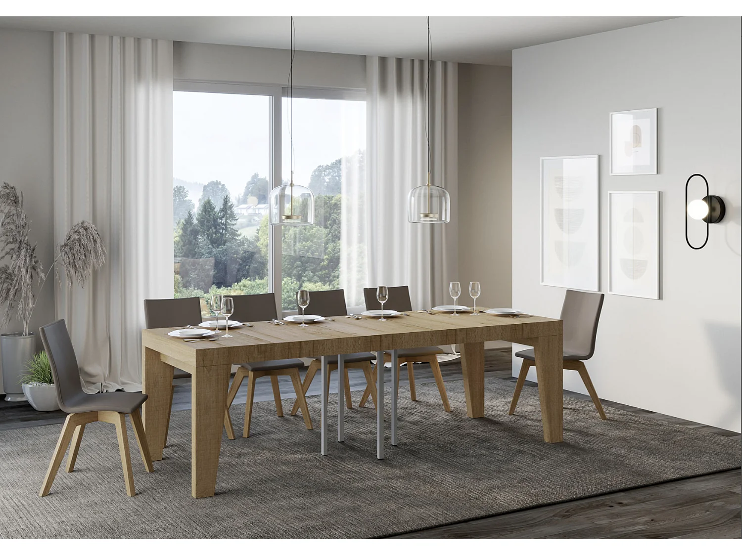 Kleine vierkante uitschuifbare tafel 90x90/246 cm Naxo-Kleur Natuurlijk-Steun 4 voet-Verlengsnoeren 3 dikke extensies