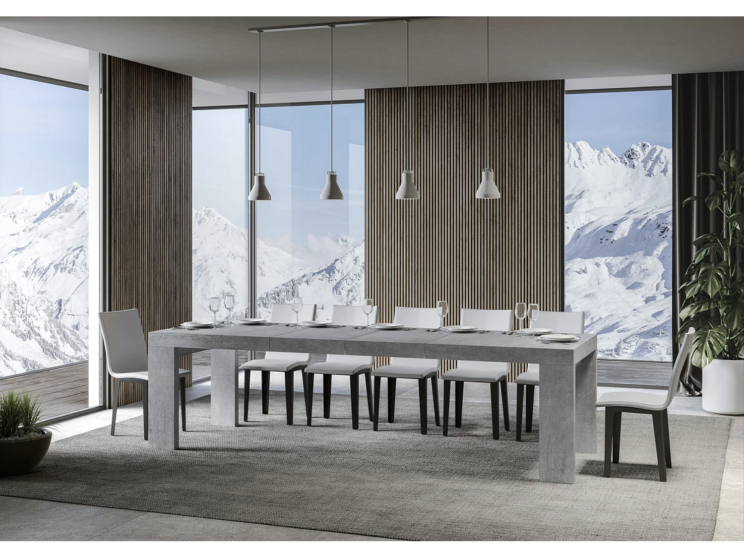 Table à manger extensible bois Ribo-Couleur Gris ciment-4 pieds-2 rallonges épaisses-180 à 284cm