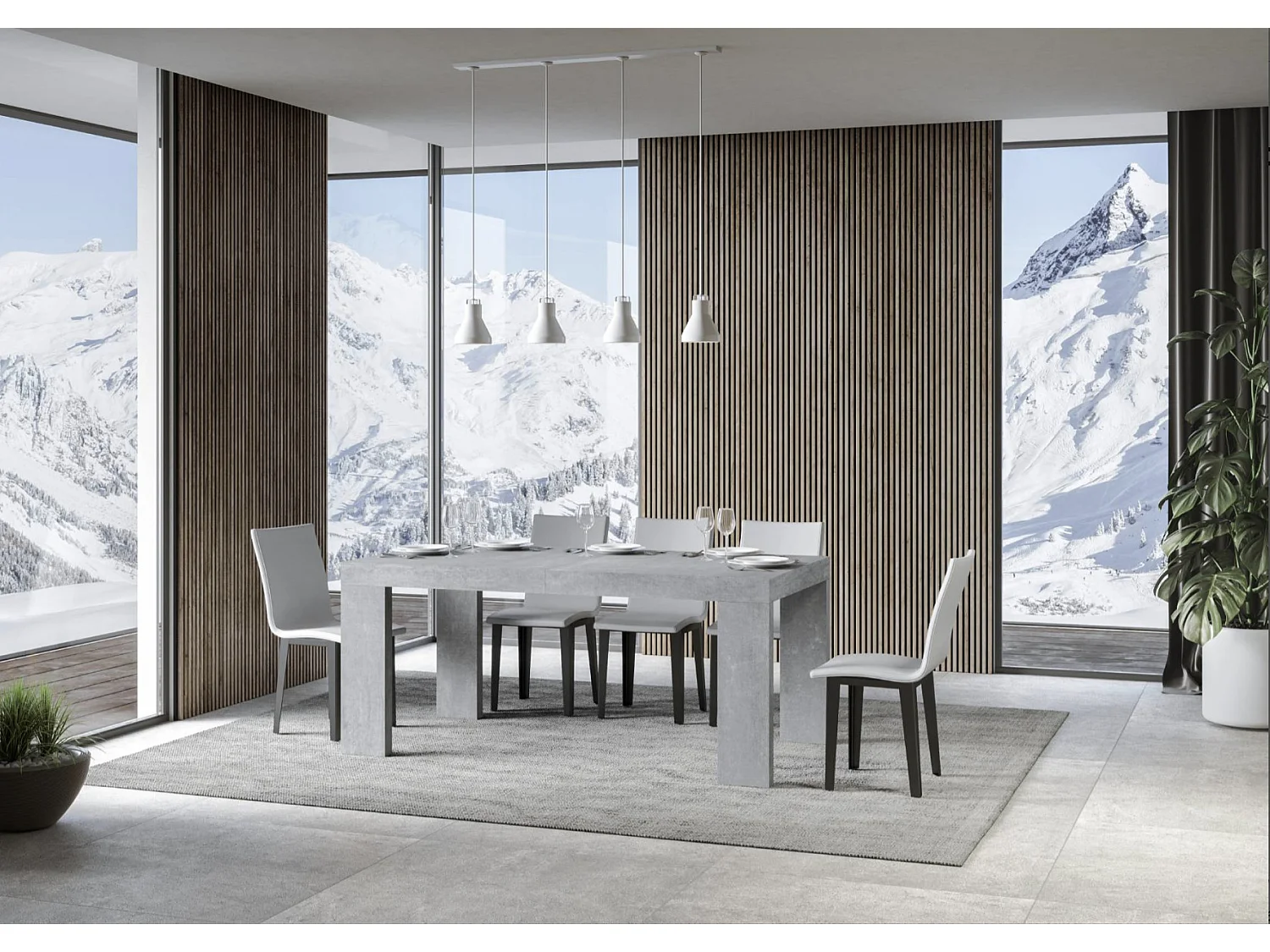 Table à manger extensible bois Ribo-Couleur Gris ciment-4 pieds-2 rallonges épaisses-180 à 284cm