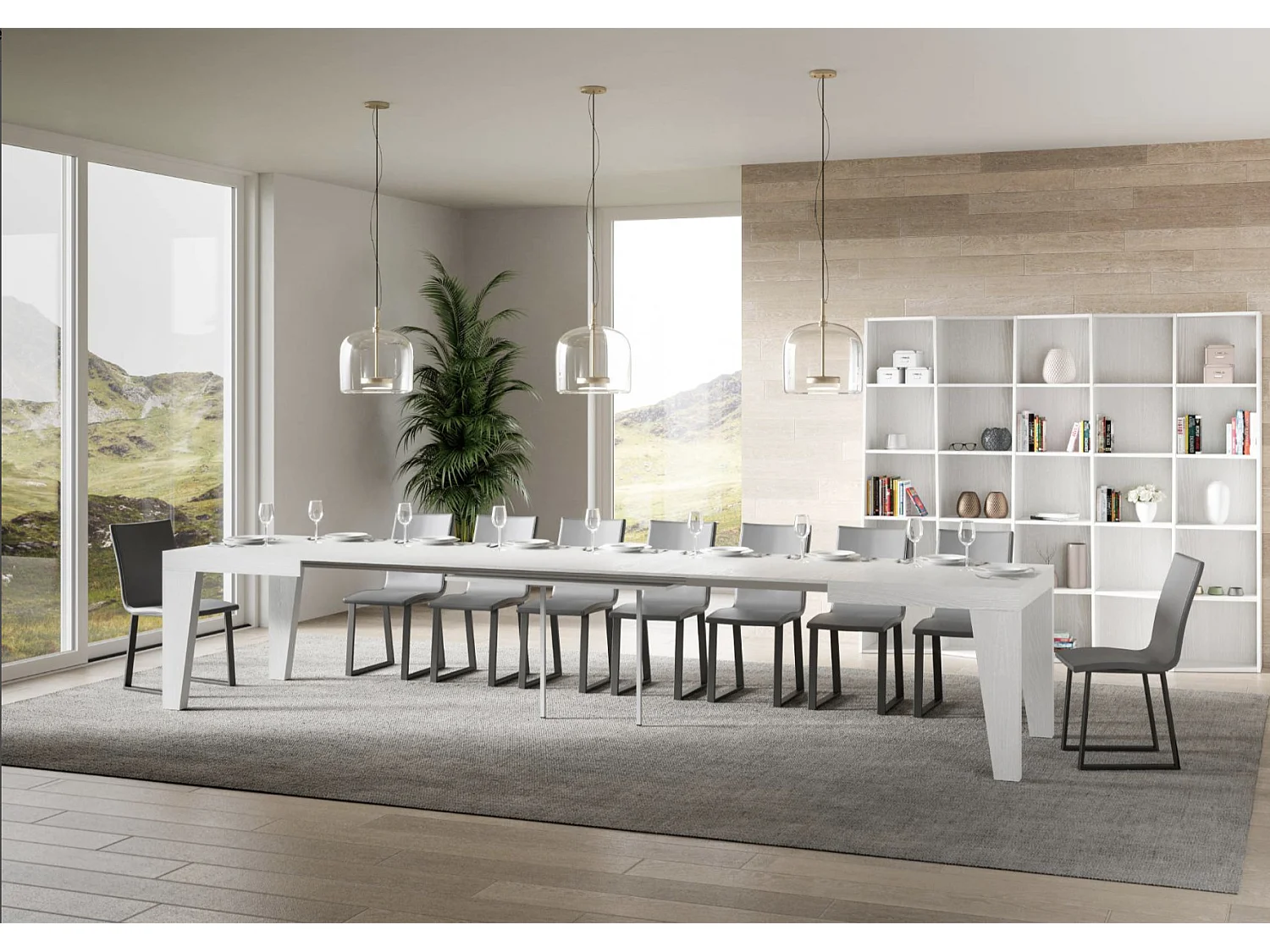 Mesa de comedor extensible de madera Naxo.-Color Blanco-Soporte 4 pies-5 alargaderas finas-Ancho extensible