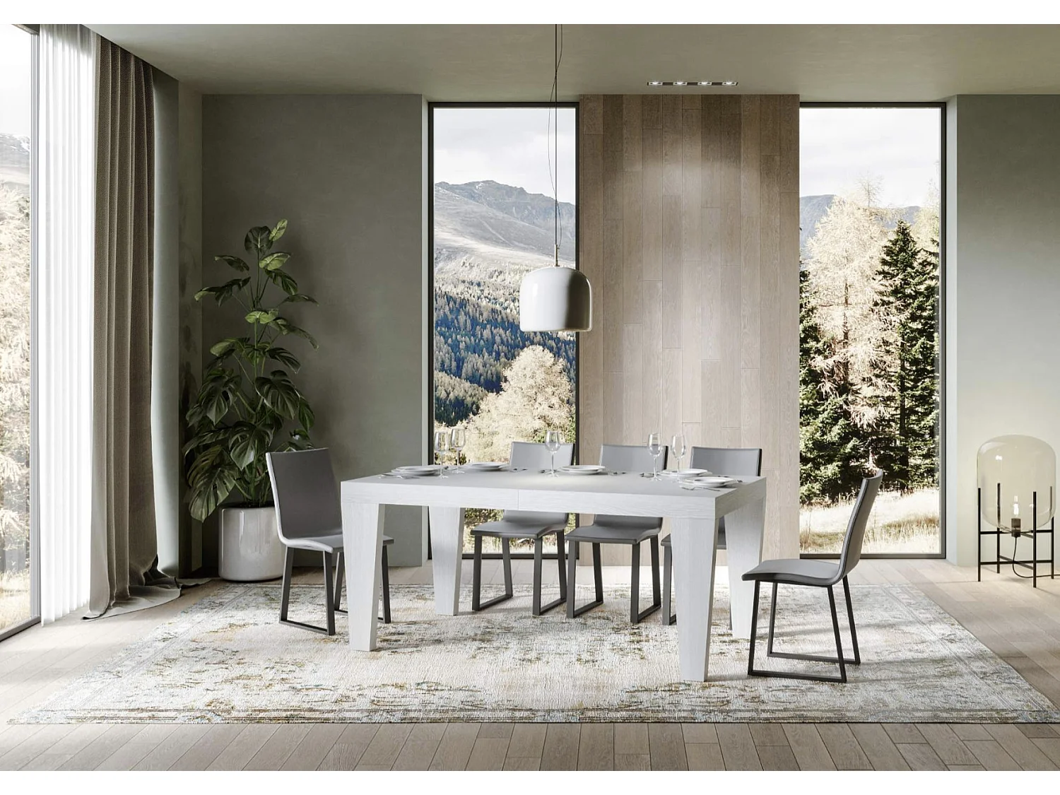 Table à manger extensible bois pieds en V Kristo-Couleur Blanc-Sur roulettes-2 rallonges fines-180 à 284cm