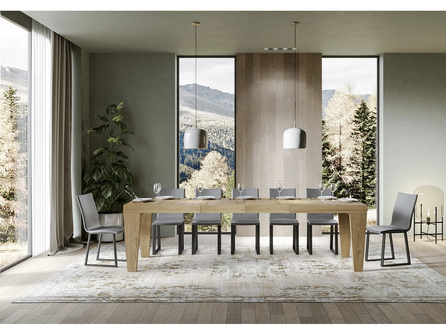 Table à manger extensible bois pieds en V Kristo-Couleur Blanc-Sur roulettes-2 rallonges fines-180 à 284cm