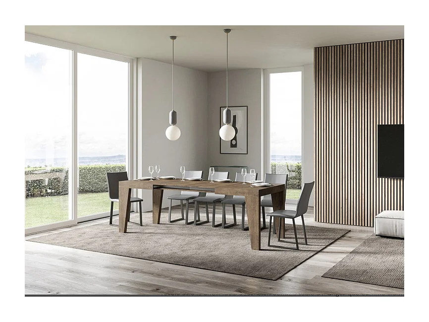 Table à manger extensible bois Naxo-Couleur Marron-Sur roulettes-2 rallonges fines-140 à 244cm