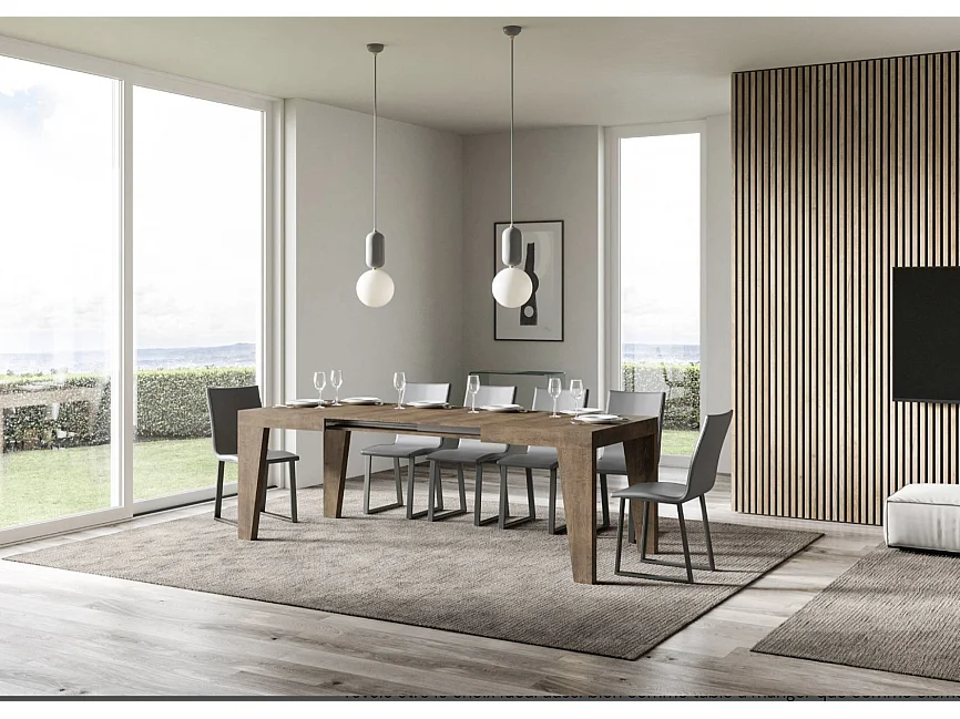 Naxo uitschuifbare houten eettafel-Kleur Bruin-Voet en steun op zwenkwielen-Verlengsnoeren -Uitschuifbare breedte