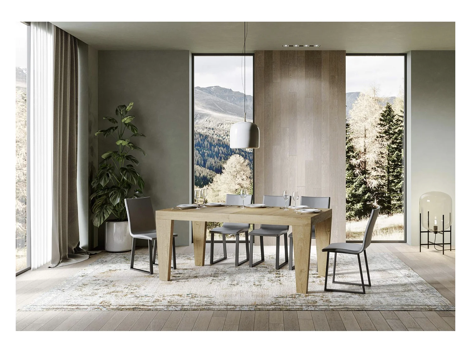Table à manger extensible bois pieds en V Kristo-Couleur Naturel-Sur roulettes-2 rallonges fines-160 à 264cm