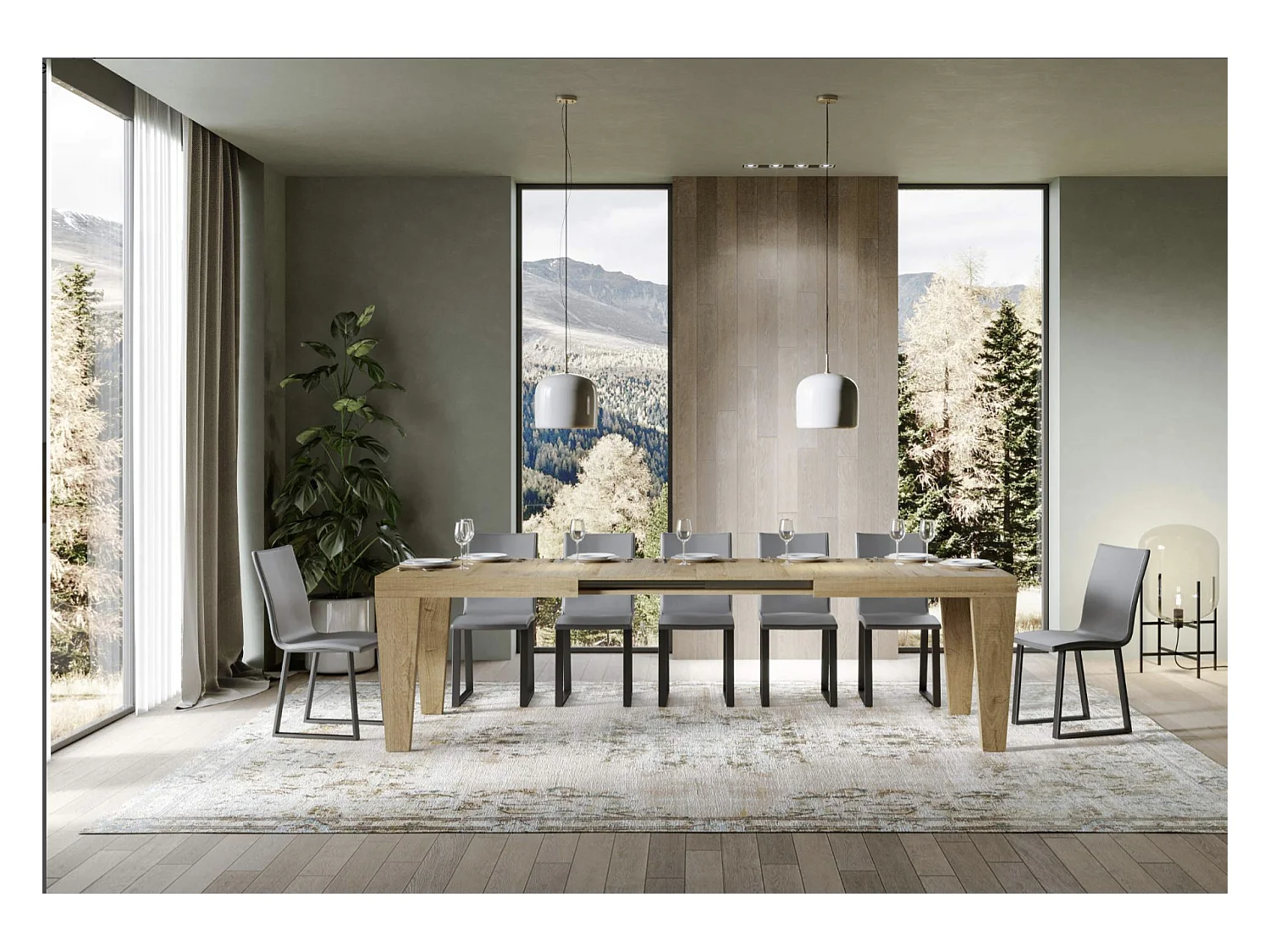 Table à manger extensible bois pieds en V Kristo-Couleur Naturel-Sur roulettes-2 rallonges fines-160 à 264cm