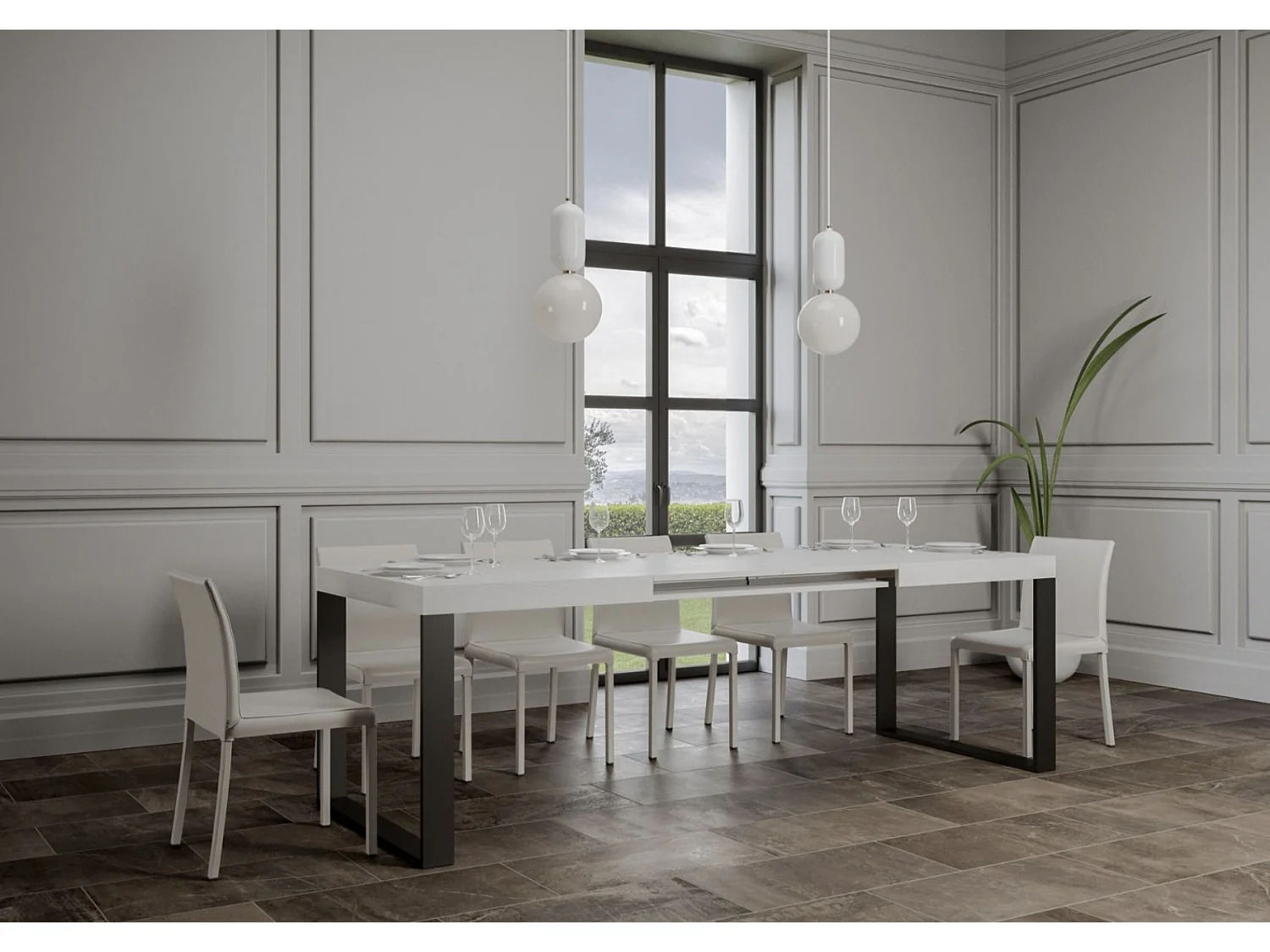 Table à manger extensible Tiroz-Couleur Blanc-Sur roulettes-2 rallonges fines-160 à 264cm