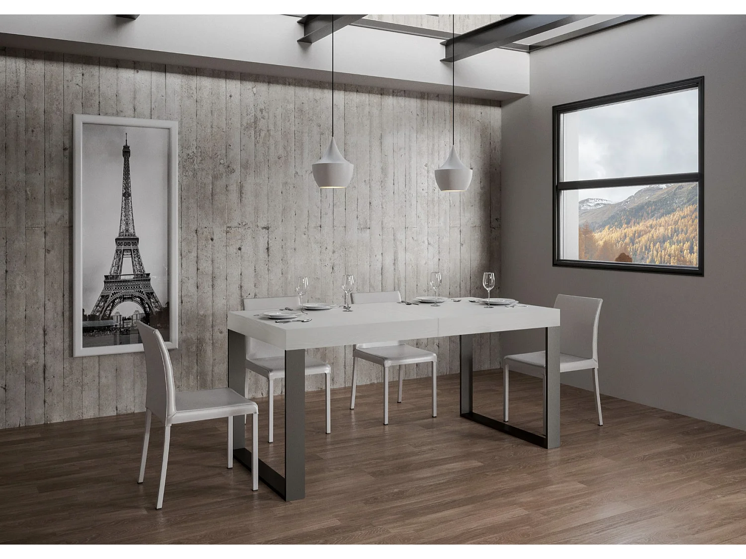 Table à manger extensible Tiroz-Couleur Blanc-Sur roulettes-2 rallonges fines-160 à 264cm