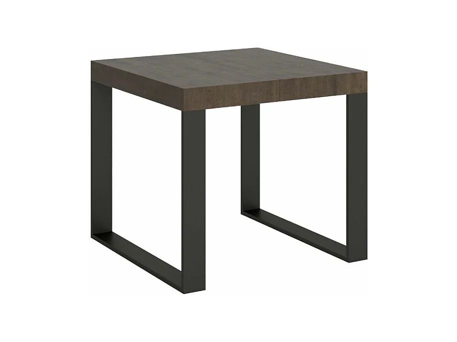 Mesa extensible cuadrada pequeña 90x90/246 cm Tiroz-Color Marrón-Base y soporte con ruedas-3 alargaderas finas
