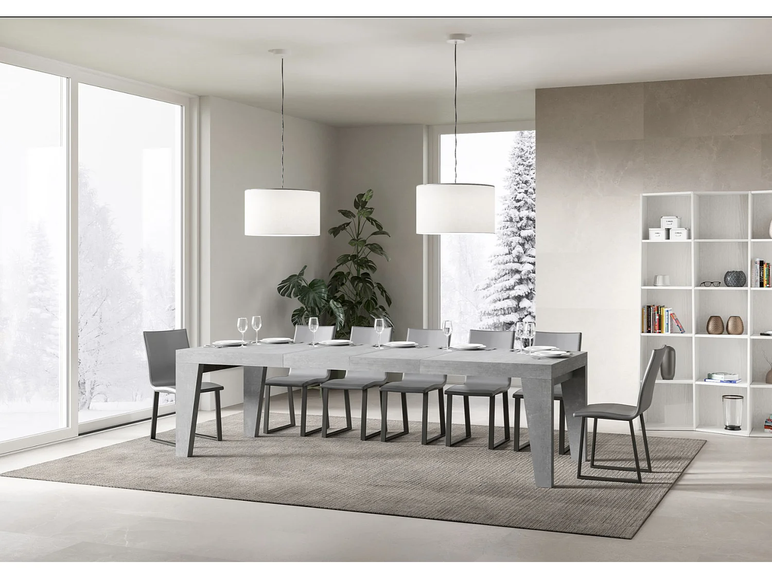 Table à manger extensible bois Naxo-Couleur Gris ciment-4 pieds-2 rallonges épaisses-160 à 264cm