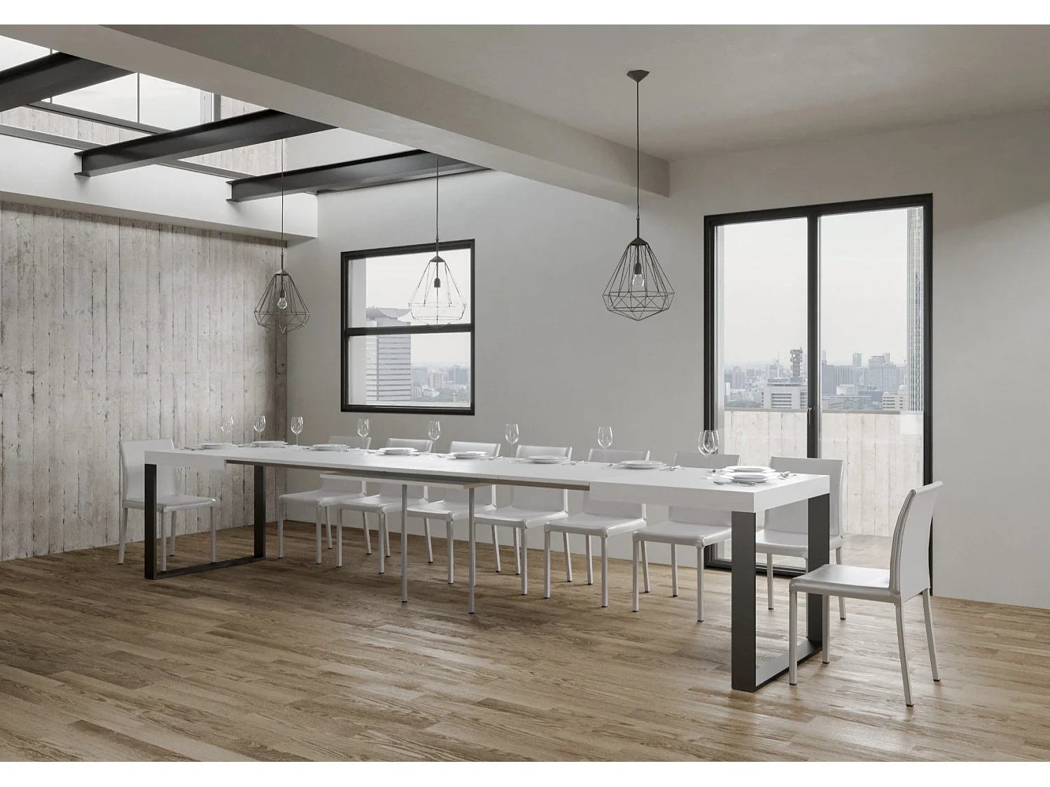 Table à manger extensible Tiroz-Couleur Blanc-4 pieds-5 rallonges fines-160 à 420cm