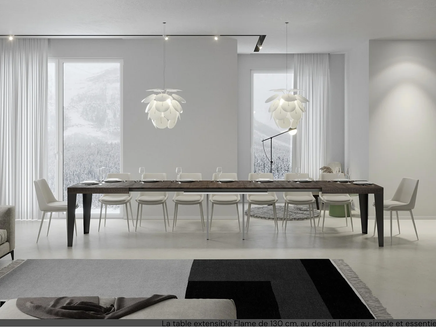 Mesa de comedor extensible Flavio-Color Marrón-Base y soporte con ruedas-5 alargaderas finas-Ancho extensible