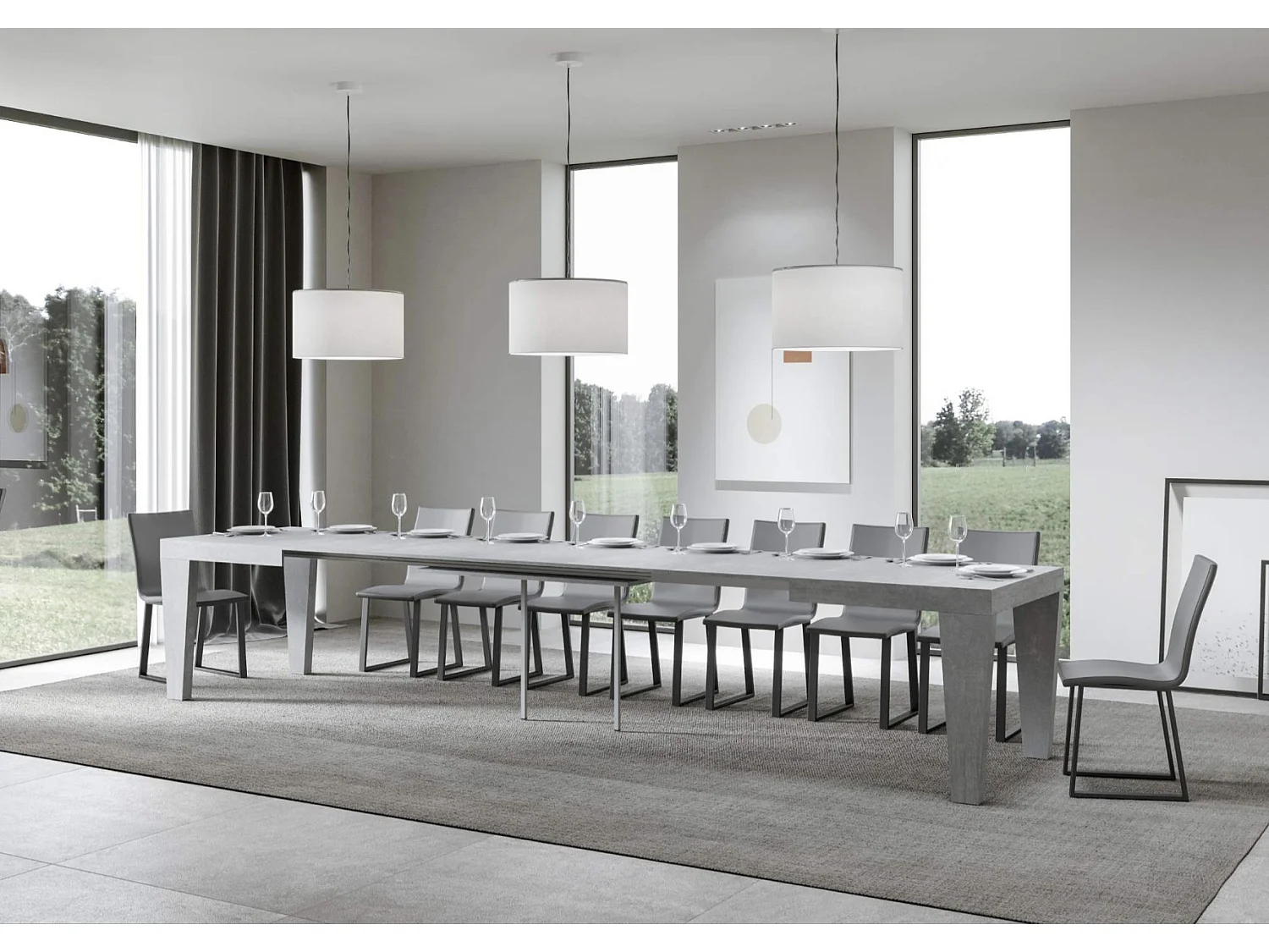 Mesa de comedor extensible de madera Kristo patas en V-Color Gris cemento-Base y soporte con ruedas-5 alargaderas finas-Ancho extensible