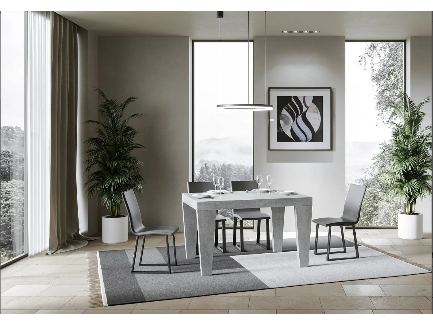 Mesa de comedor extensible de madera Kristo patas en V-Color Gris cemento-Base y soporte con ruedas-5 alargaderas finas-Ancho extensible