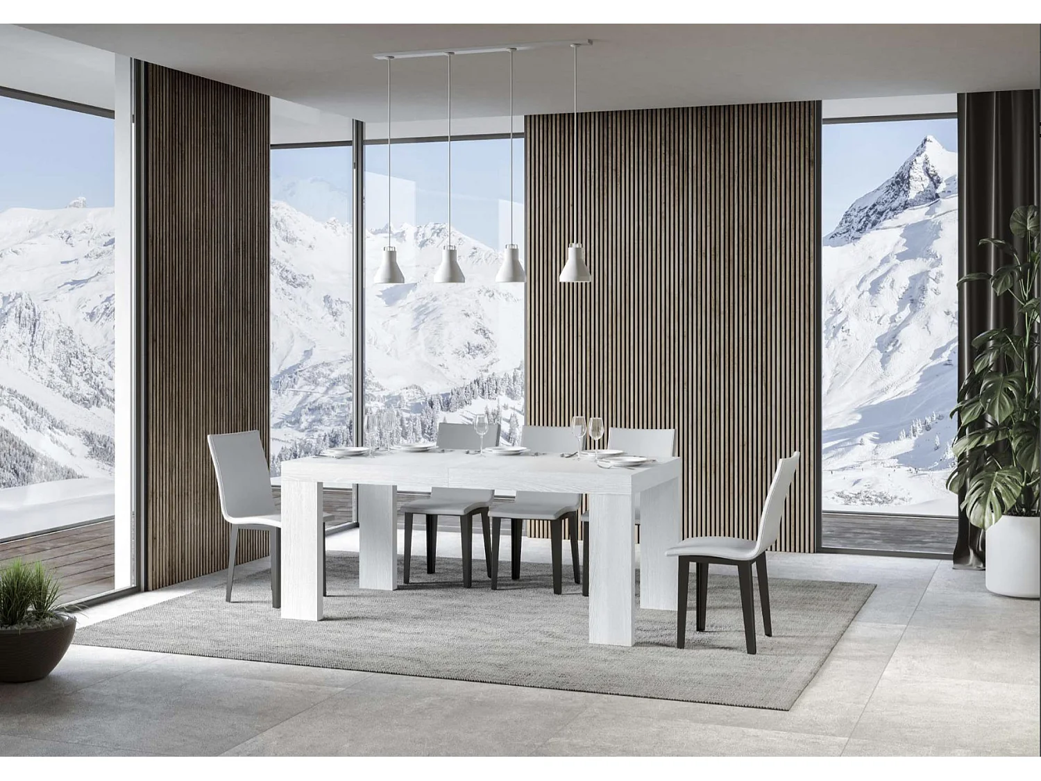 Table à manger extensible bois Ribo-Couleur Blanc-4 pieds-2 rallonges épaisses-180 à 284cm