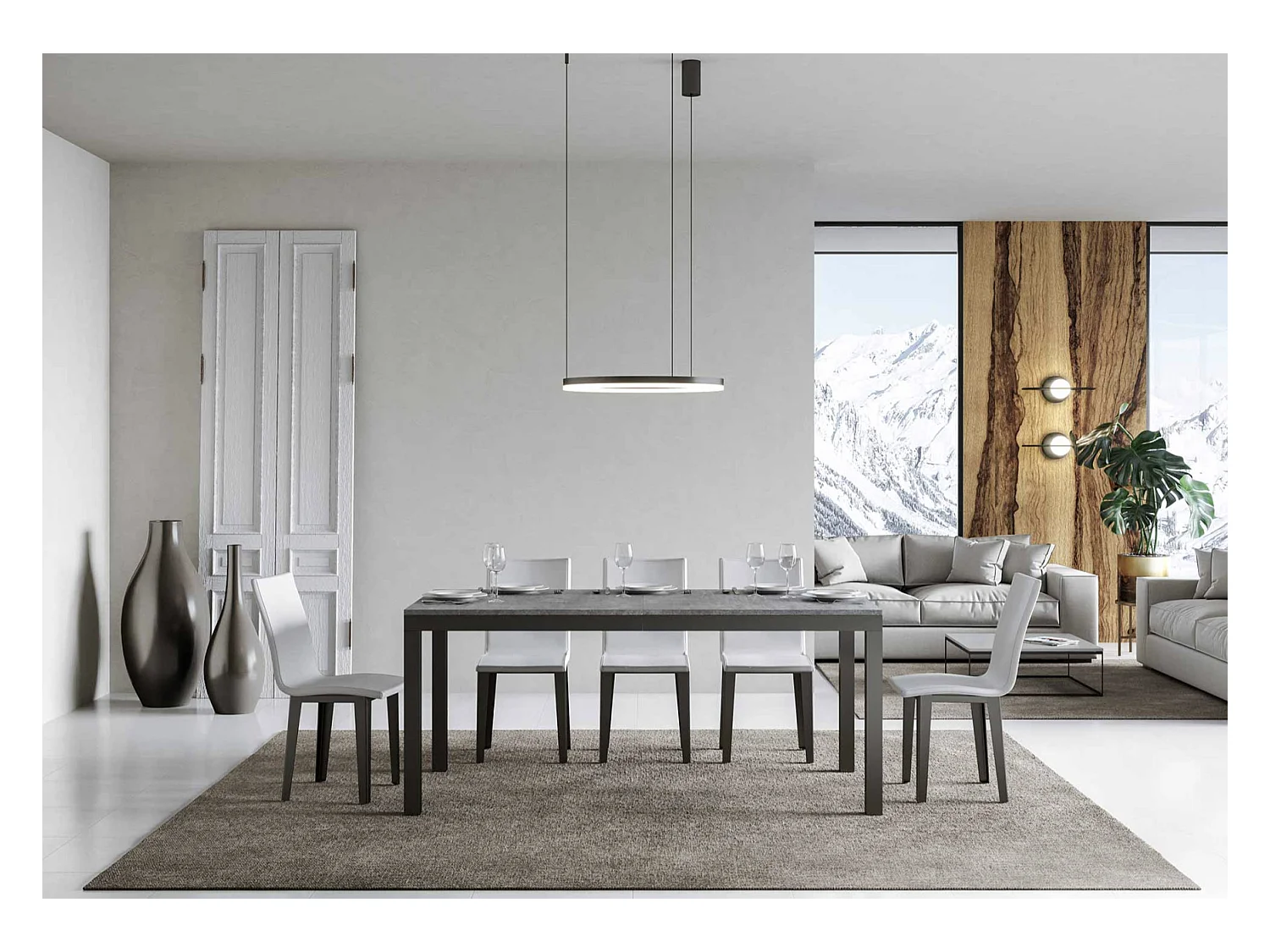 Table à manger extensible Karry evolution-Couleur Gris ciment-Sur roulettes-160 à 420cm