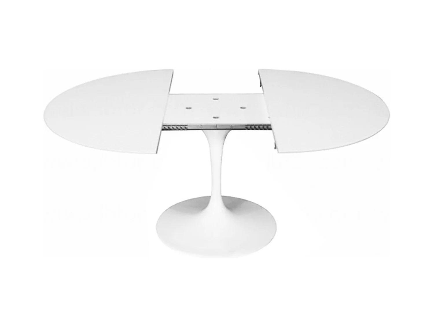 Table tulipe ronde extensible-Plateau Blanc mat-Largeur 107/152 cm-Piètement Blanc brillant