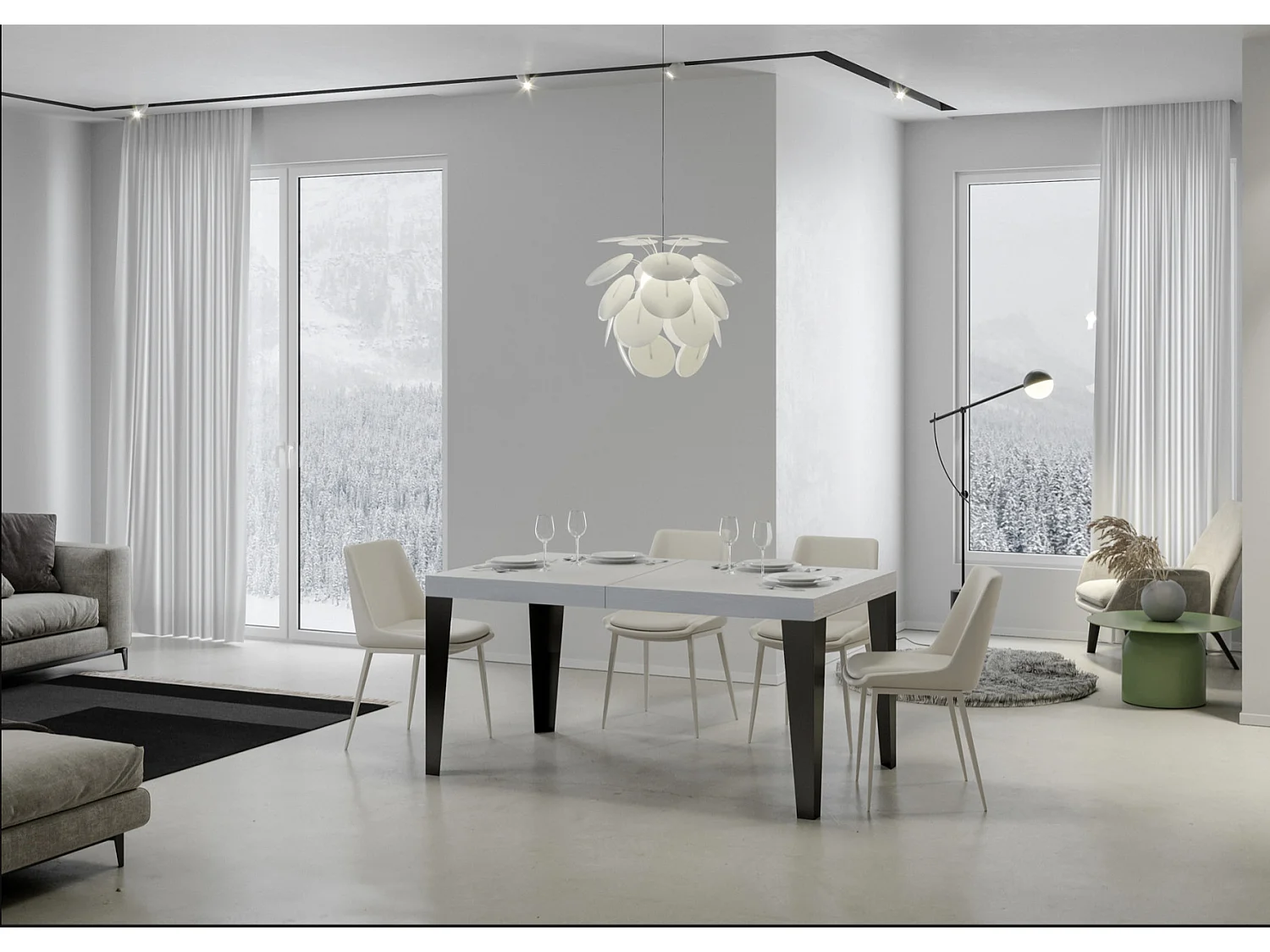 Table à manger extensible Flavio-Couleur Blanc-4 pieds-2 rallonges épaisses-180 à 284cm