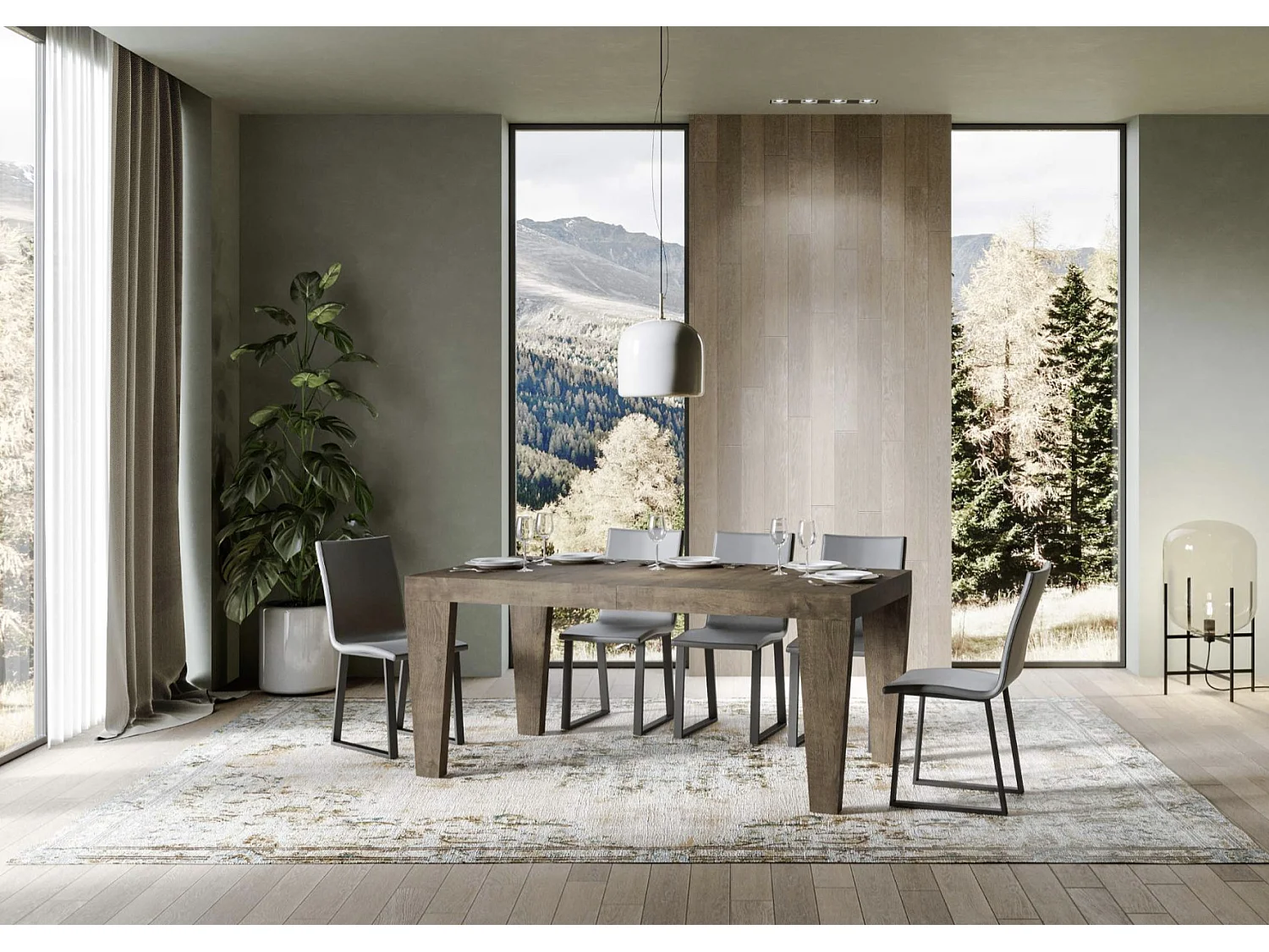 Mesa de comedor extensible de madera Kristo patas en V-Color Marrón-Soporte 4 pies-Alargaderas -Ancho extensible