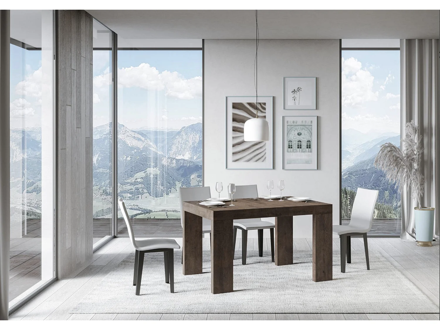 Table à manger extensible bois Ribo-Couleur Marron-4 pieds-2 rallonges épaisses-130 à 234cm