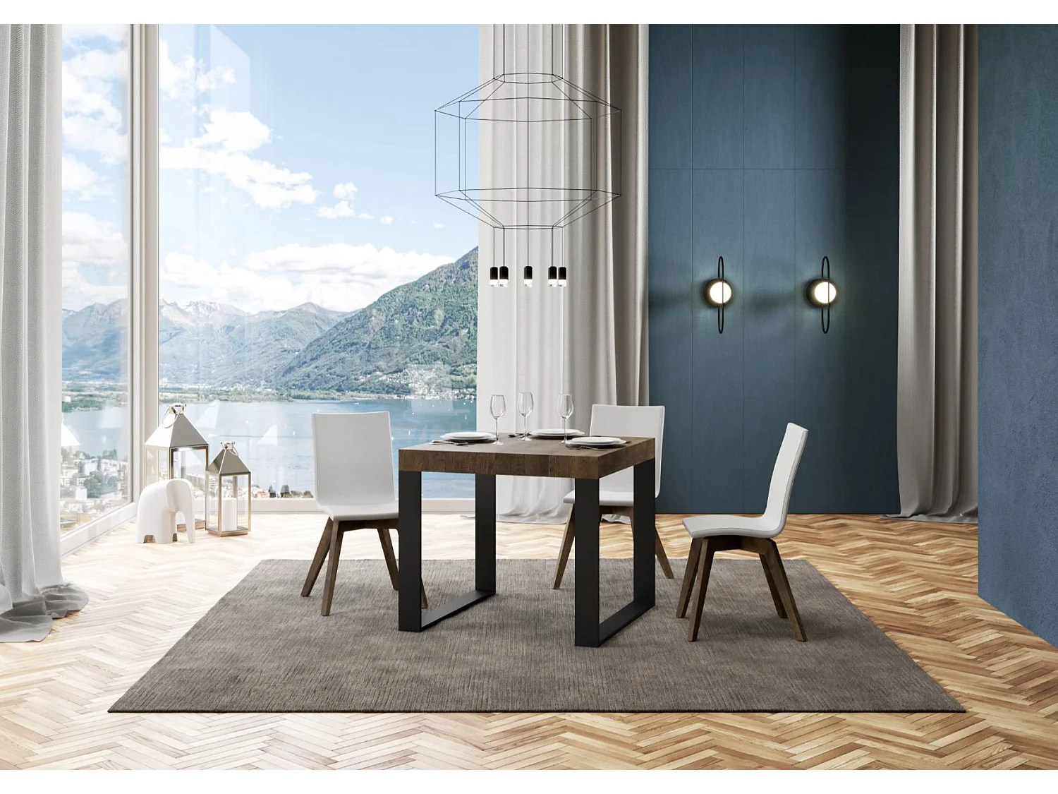 Kleine vierkante uitschuifbare tafel 90x90/246 cm Tiroz-Kleur Natuurlijk-Steun 4 voet-Verlengsnoeren 3 dikke extensies